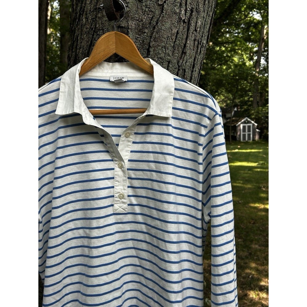 J.Crew Poplin Collar Polo Shirt Size Large Blue White Stripe Long Sleeve Top - Picture 3 of 8
